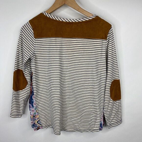 Ali Miles Top Size Small Petite Womens Navy White Stripe Suede Elbow Patch - Picture 7 of 7